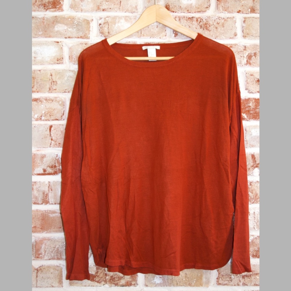 Women's H&M Basic long sleeve fine knit top, size M terracotta orange/brown